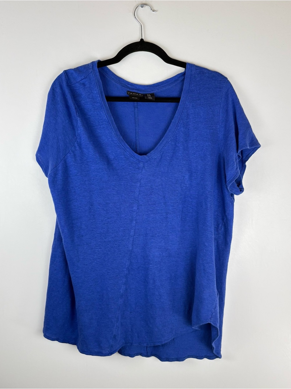 Tahari Womens Size 1X Blouse Top Linen Short Cap Sleeves V Neck Blue Plus